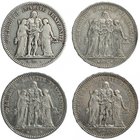 FRANCIA. Lote de 4 piezas de 5 francos. 1848 A; 1873 A; 1876 A; 1877 A. MBC-/MBC+.