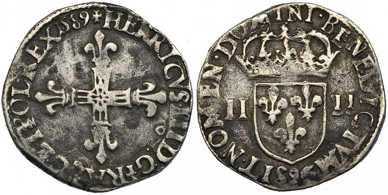 FRANCIA. 1/4 de ecu. 1589. Enrique III. Rennes. Duplessy-1131.