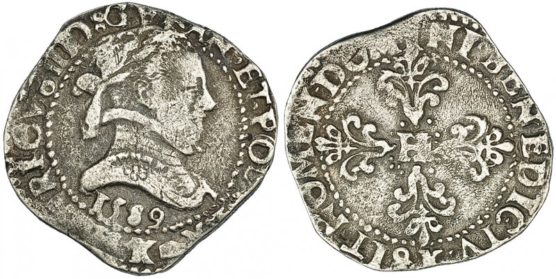 FRANCIA. Enrique III. 1/2 franco. 1589. K. Burdeos. Duplessy-1131 vte. (año bajo...