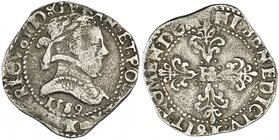 FRANCIA. Enrique III. 1/2 franco. 1589. K. Burdeos. Duplessy-1131 vte. (año bajo el busto). MBC.