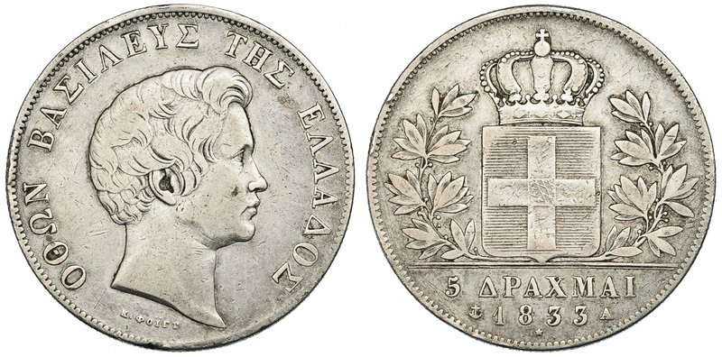 GRECIA. 5 dracmas. 1833. A Otón I. KM-20. Golpecitos en gráfila. MBC-.