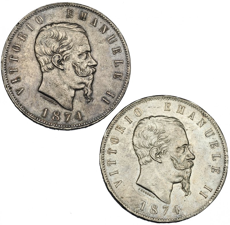 ESTADOS ITALIANOS. Lote de 2 monedas de 5 liras. Víctor Manuel II. 1874. KM-8,3....