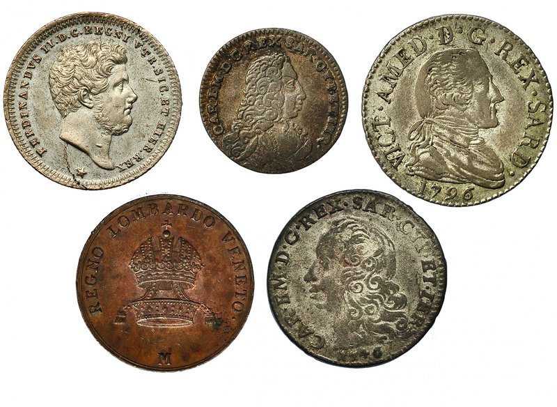 ESTADOS ITALIANOS. Lote de 5 monedas. 20 soldi, Víctor Amadeo III, 1796; Carlos ...