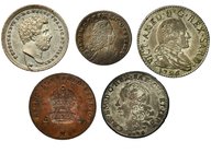 ESTADOS ITALIANOS. Lote de 5 monedas. 20 soldi, Víctor Amadeo III, 1796; Carlos Manuel (2), 1746 y S/F; 1 due tornesi, Fernando II de Nápoles, 1842; R...