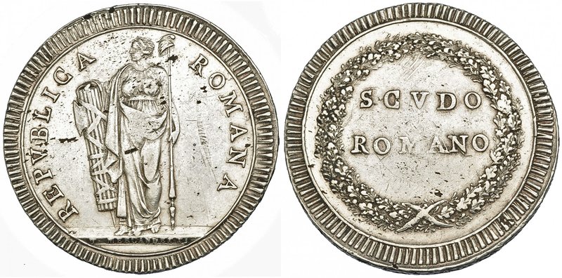 ESTADOS ITALIANOS. Roma, República Romana. 1 escudo. S.F, (1798-1799). KM-11. Ra...
