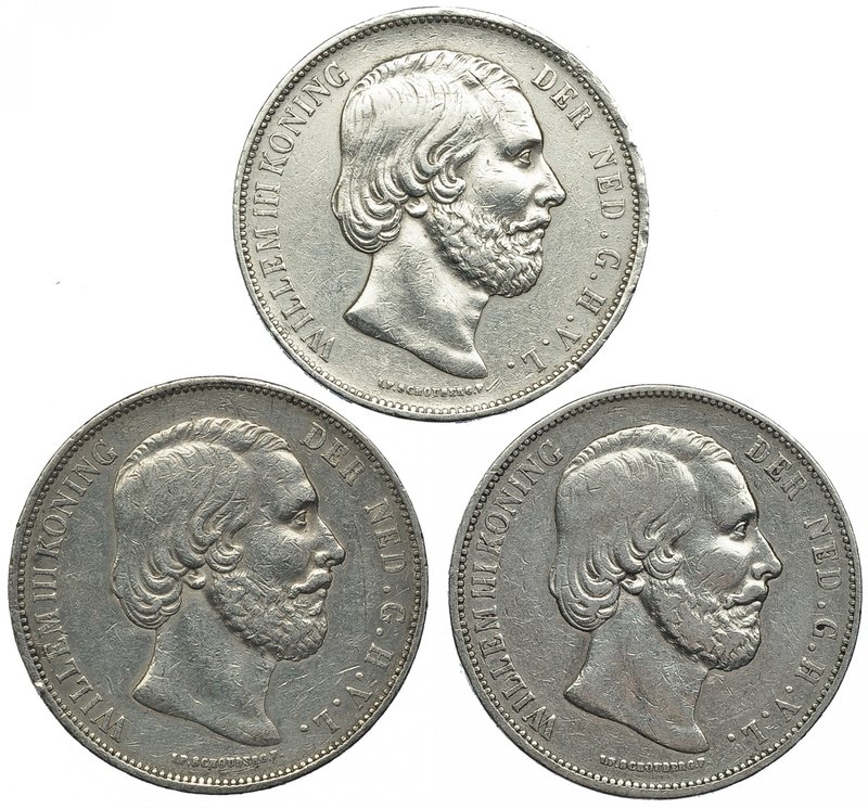 PAÍSES BAJOS. Lote de 3 piezas de 2 1/2 gulden. 1872; 1873; 1874. MBC.