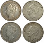 PAÍSES BAJOS. Lote de 4 piezas de 2 1/2 gulden. 1929; 1930; 1932; 1939. Calidad media MBC+.