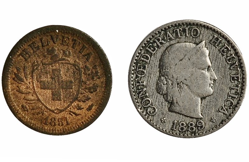 SUIZA. Lote de 2 piezas: 1 rappen de 1850 y 5 rappen de 1889. KM-26.3. MBC-/MBC.