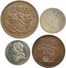 ESTADOS PONTIFICIOS. Lote de 4 monedas. 1 Giulio 1763 (KM-1004); 2 baiocco 1840 (KM-1320); 2 baiocchi 1850 (KM-1344); 20 baiocchi 1848 (KM-1337). MBC+...
