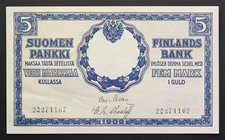 Finland 5 Markkaa 1909
P# 20; № 20271167; AUNC