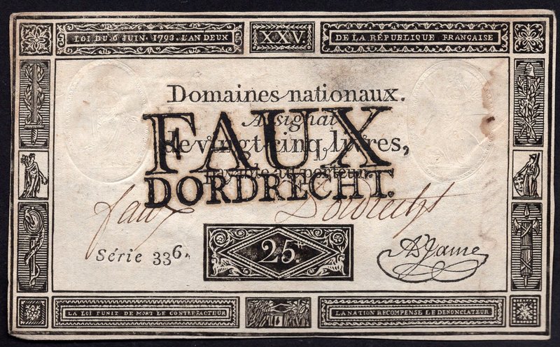 France 25 Livres 1793 Rare Old Counterfeit!
P# A71; 25 Livres 6.6.1793