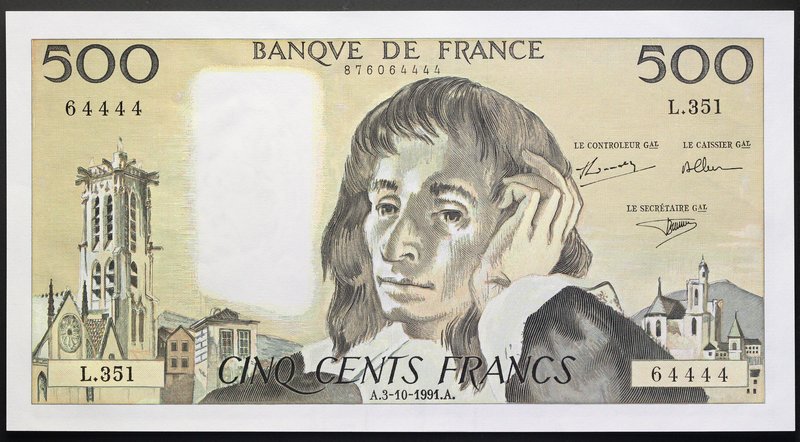 France 500 Francs 1991
P# 156; № L.351 64444; UNC; Large Banknote