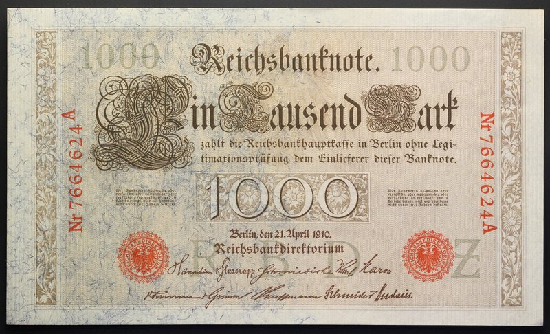 Germany 1000 Mark 1910
P# 44; UNC; Red Seal; Large Banknote