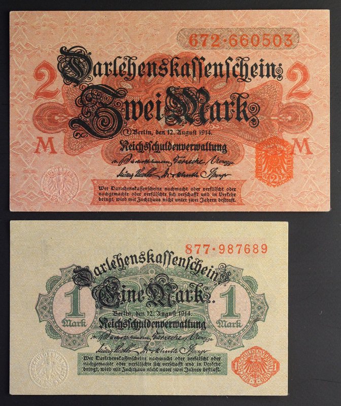 Germany 1 & 2 Mark 1914
P# 51, 54; aUNC-UNC; Red Seal; Set 2 PCS