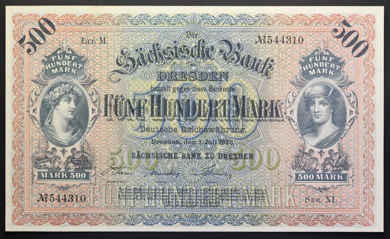 Germany Dresden 500 Mark 1922 RARE!
P# S954; № Ser.XI 544310; UNC; Large Bankno...
