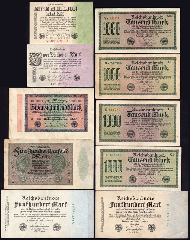 Germany - Weimar Republic Lot of 10 Banknotes
1000 Mark 15.9.1922; 20000 Mark 2...