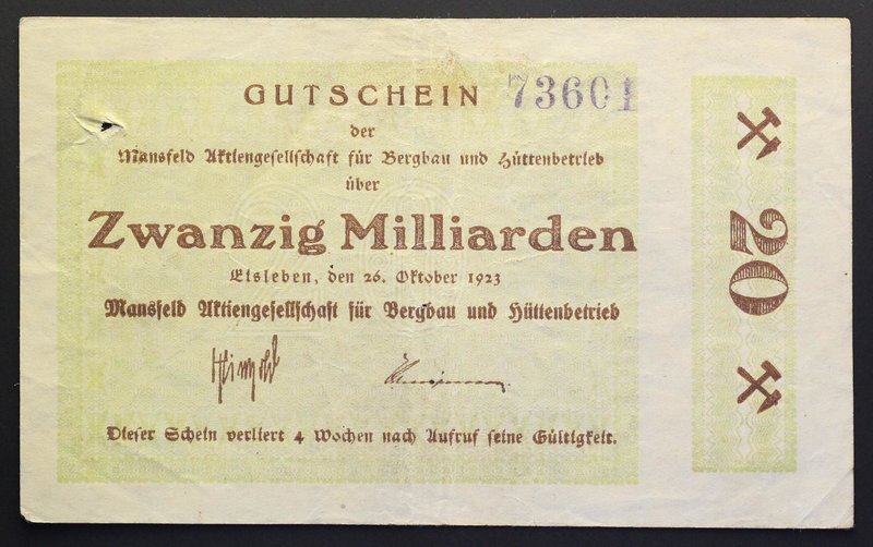 Germany Weimar Mansfeld Railroad Notgeld 20 Milliard 1923
№ 73601