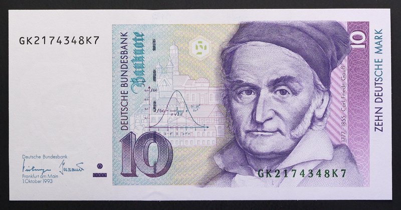 Germany 10 Mark 1993
P# 38c; № GK 2174348 K7; UNC; "Johann Carl Friedrich Gauss...