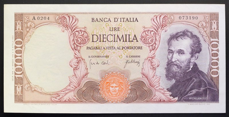 Italy 10000 Lire 1966 RARE!
P# 97; № A0204 073190; XF+; Prefix A; "Michelangelo...