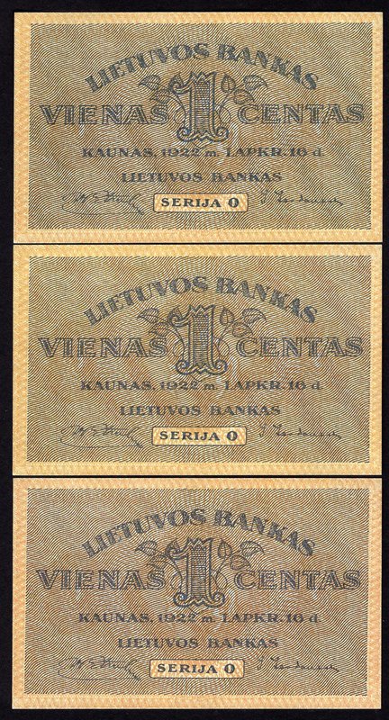 Lithuania Lot of 3 Banknotes 1922 High Quality Collectors Copy
1 Centas; P# 7a;...