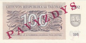 Lithuania 100 Talonas 1992 Specimen
P# 42; UNC