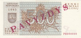 Lithuania 500 Talonas 1993 Specimen
P# 46; UNC