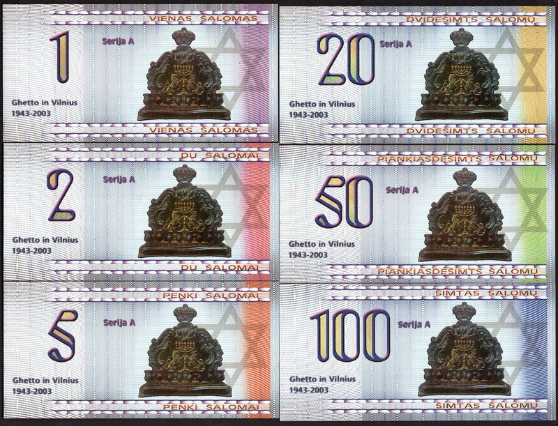 Lithuania Lot of 6 Banknotes 2002 Jewish Ghetto
1 - 2 - 5 - 20 - 50 - 100 Shalo...