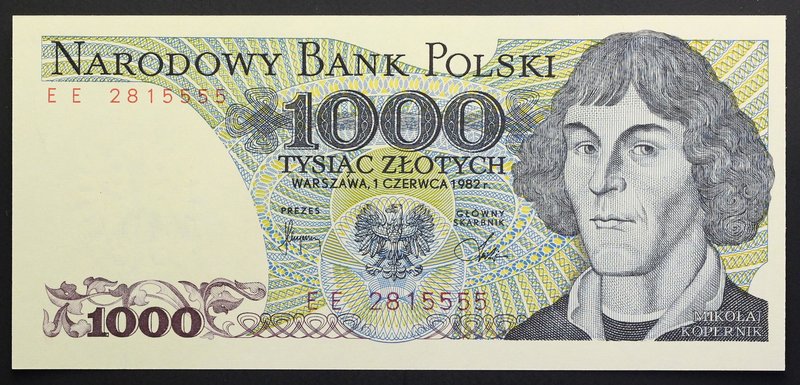 Poland 1000 Zlotych 1982
P# 146; № EE 2815555; UNC; Fine Serial Number; "Copern...