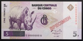 Congo 5 Francs 1997 Specimen
P# 86s; № G 0000000 A; UNC
