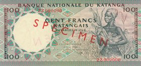 Katanga 100 Francs 1962 Specimen
P# 12s; UNC
