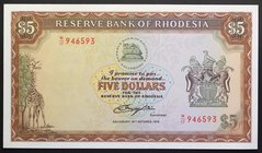Rhodesia 5 Dollars 1978 RARE!
P# 36b; № M/17 946593; UNC; W/mark Rhodes; RARE!