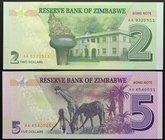 Zimbabwe 2 & 5 Dollars 2016
P# 99, 100; UNC; Prefix AA; Set 2 PCS