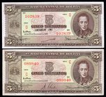 Bolivia Lot of 2 Banknotes 1945
5 Bolivianos; P# 138a, 138b; with and w/o "EMISION"