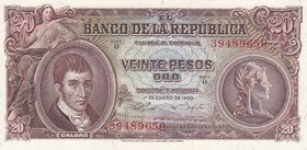 Colombia 20 Pesos 1960
P# 401a; UNC