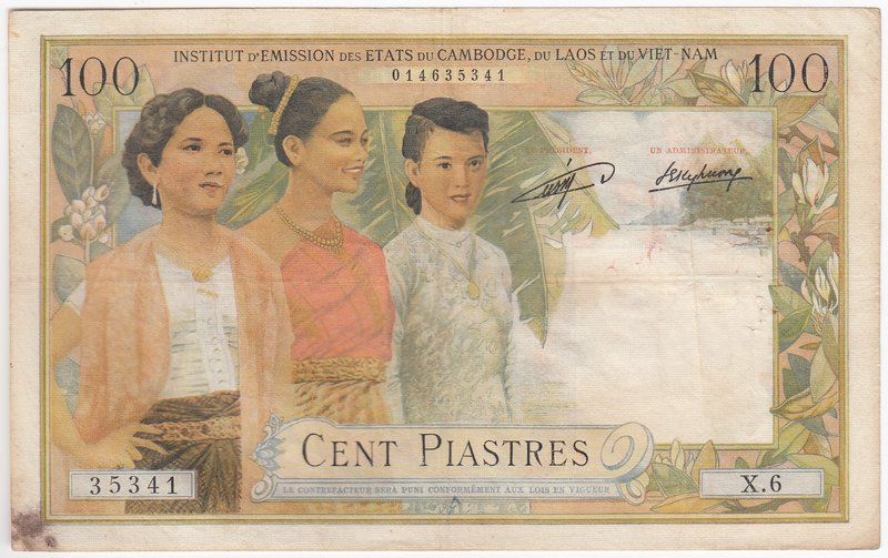 French Indochina 100 Piastres 1954 Laos Issue; 100 Piastres = 100 Kip
P# 103; V...