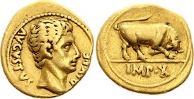 Roman Empire Augustus AV Aureus 15-13 BC
Roman Imperial Augustus AV Aureus. Lugdunum, 15-13 BC. AVGVSTVS DIVI•F, bare head right / Bull butting right...