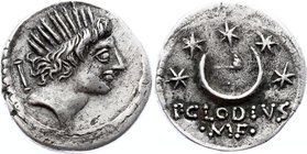 Roman Republic AR Denarius 42 BC
P. Clodius M. f. Turrinus, 42 BC, AR Denarius, 3.75g, radiate head of Sol right, quiver behind, rev. crescent moon a...
