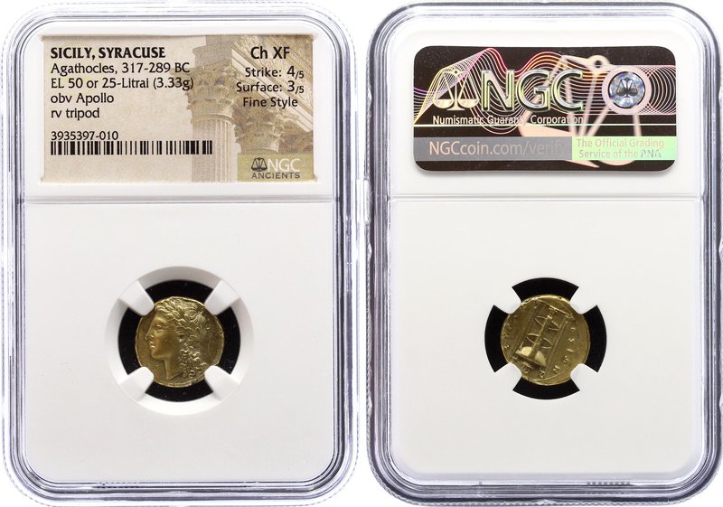 Sicily, Syracuse, EL 50 or 25 Litrai Agathocles 317-289 BC NGC Ch XF
Gold 3.33g...