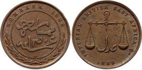 British West Africa - Mombasa 1 Pice 1888 AH 1306 C/M
KM# 1.2; Bronze, very beautiful patina. Outstanding condition for this coin. Very deep strike.