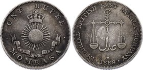 British West Africa - Mombasa 1 Rupee 1888 H
KM# 5; British East Africa Company. Silver, Rare. XF.