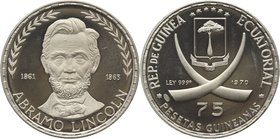 Equatorial Guinea 75 Pesetas 1970
KM# 10.1; Silver; Abraham Lincoln