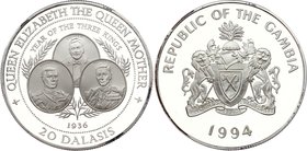 Gambia 20 Dalasis 1994
KM# 40; Silver Proof; Elizabeth, the Queen Mother - Year of the three Kings