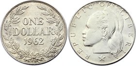 Liberia 1 Dollar 1962
KM# 18; Silver, UNC with minor damages. Rare in high grade!