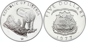 Liberia 5 Dollars 1977 PROOF RARE
KM# 29; Elephant. Silver (.900) 34.1g. Mintage is 1640. The lowest mintage of the type! One of the Rarest Modern Co...