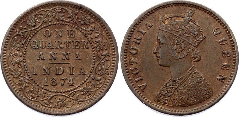British India 1/4 Anna 1874 C
KM# 467; Calcutta Mint; XF