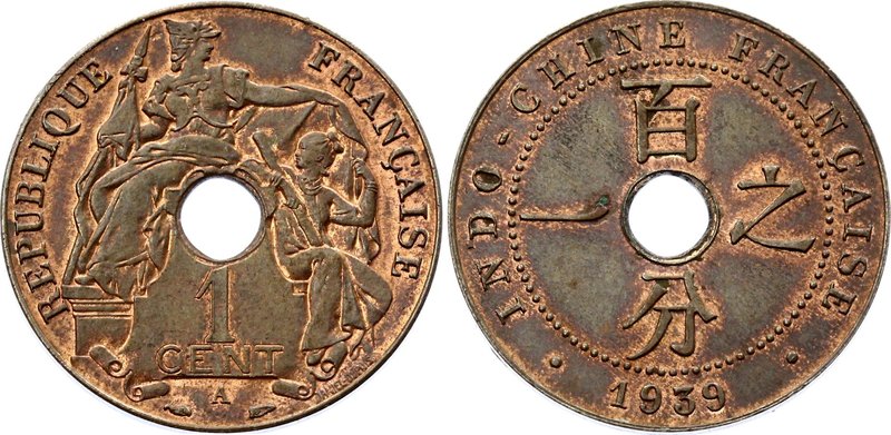 French Indochina 1 Cents 1939 A
KM# 12.1; Almost Full Mint Luster Remains; UNC