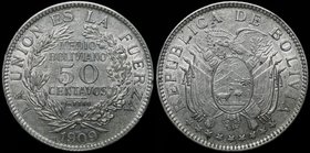 Bolivia 50 Centavos 1909 H
KM# 177; Silver 10.05g; Luster; aUNC/UNC