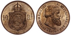 Brazil 10 Reis 1869
KM# 473; Bronze; Mint Luster; UNC/UNC+