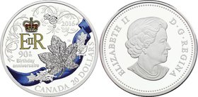 Canada 20 Dollars 2016
Silver (.999) 31.39 38mm; The 90th birthday of Her Majesty Queen Elizabeth II; With Original Box & Certificate