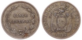 Ecuador 5 Centavos 1917 Rare
KM# 60.2; Cu-Ni; Krause XF -50$; XF